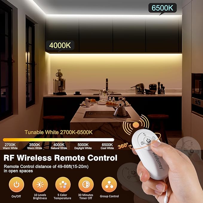 COB LED Strip Light White, Dimmable 2700K-6500K High Density 24V Flexible LED Tape Light with Remote and APP Control, UL-Listed White led Strip Lights for Bedroom,1 Rolls of 32.8ft