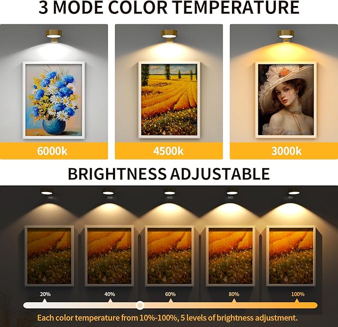 6 Pack Picture Lights for Wall, Rechargeable Battery Operated Wall Lights, Picture Frame Lights with 3 Lighting Modes, Wireless Magnetic Painting Light with Remote Control Timer, (Golden)