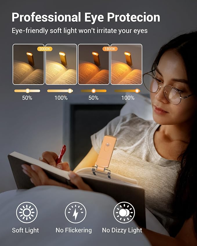 DEWENWILS USB Rechargeable Book Light, LED Clip on Reading Lights for Books in Bed at Night, Portable Bookmark Lamps, 4 Brightness Adjustable, Perfect for Bookworms, Kids (Peach Fuzz)