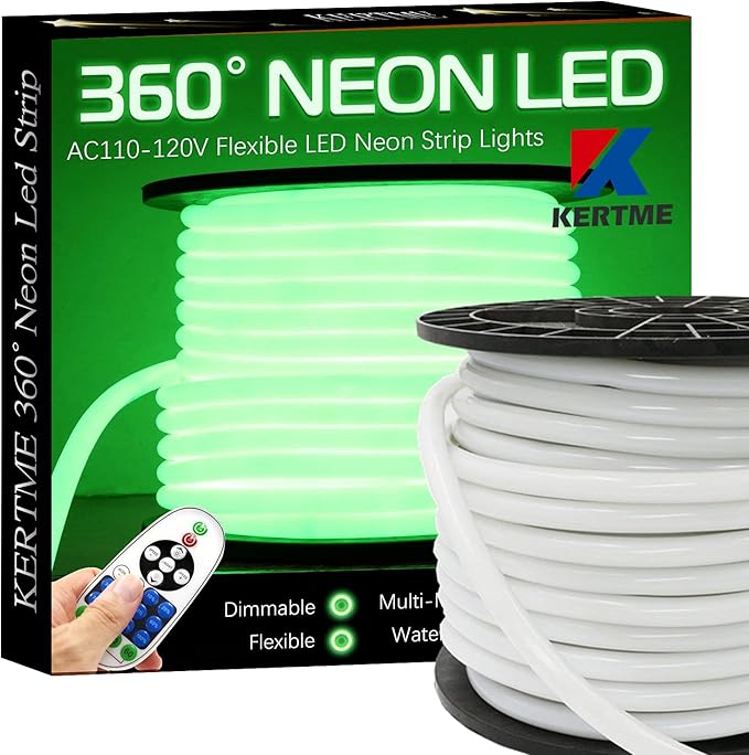 360° Neon Led Type AC 110-120V 360 Degree NEON LED Light Strip, Flexible/Waterproof/Dimmable/Multi-Modes LED Rope Light + Remote for Home/Garden/Building Decor (16.4ft/5m, Green)