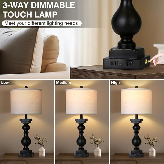 28" Tall Farmhouse Table Lamps Set of 2 with USB C+A Ports and AC Outlet, 3 Way Touch Tall Rustic Bedside Lamps for Living Room, Black Vintage Lamps for Bedroom