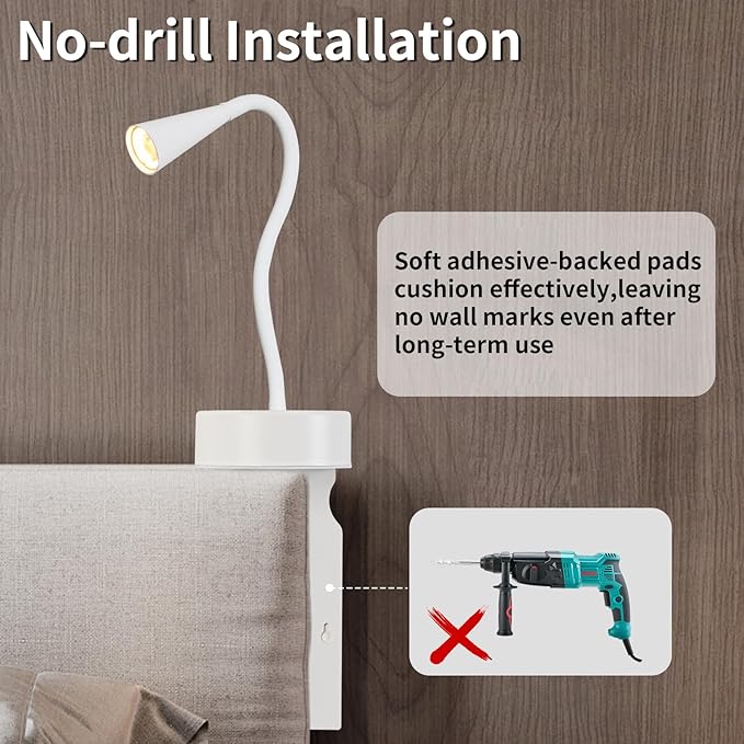 White Headboard Reading Light, No Drilling Wall Mounted Reading Lights for Bedside, Book Light for Bedtime Reading, Buttonless Dimmable Reading Lamp, Movable Gooseneck Reading Sconces for Bedroom