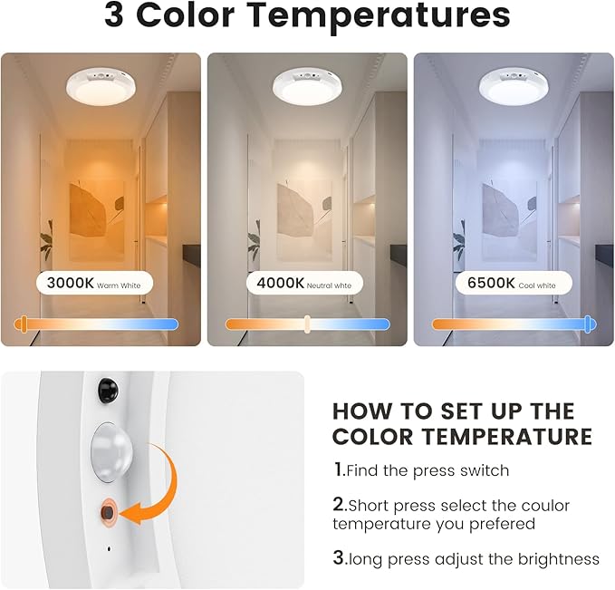 Motion Sensor Ceiling Light,Cordless Closet Light Battery Operated,3 Color Temperatures,Remote Control,Rechargeable Magnetic Mount LED Shower Lights for pantry,Stairs,Garage,Hallway (White 1 pack)