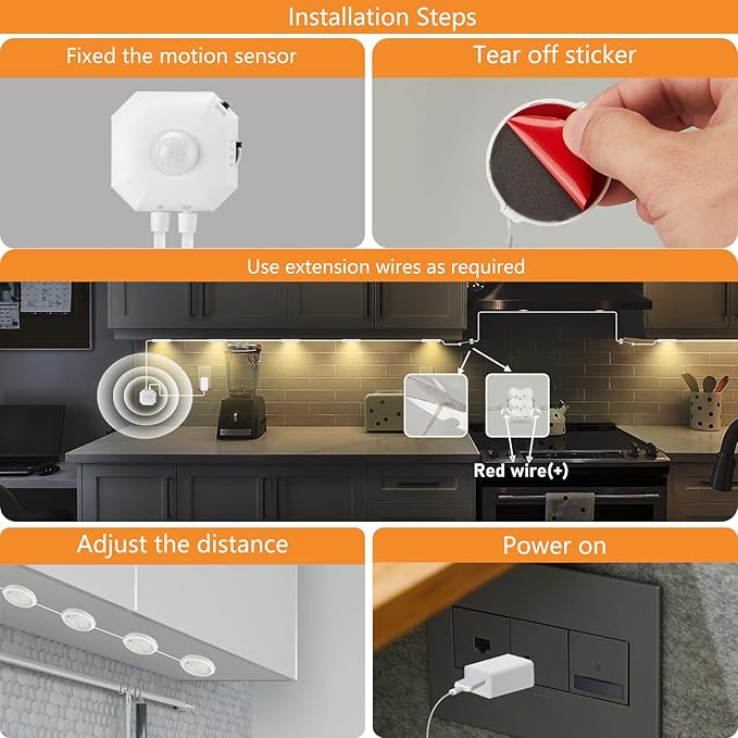 LED Under Cabinet Light Motion Sensor, 6-Pucks 3-Color Auto-Off Under Counter Light Warm White Natural Night LED Lights for Kitchen Bedroom, Home Office,Storage Room,Living Room with 5V Adapter