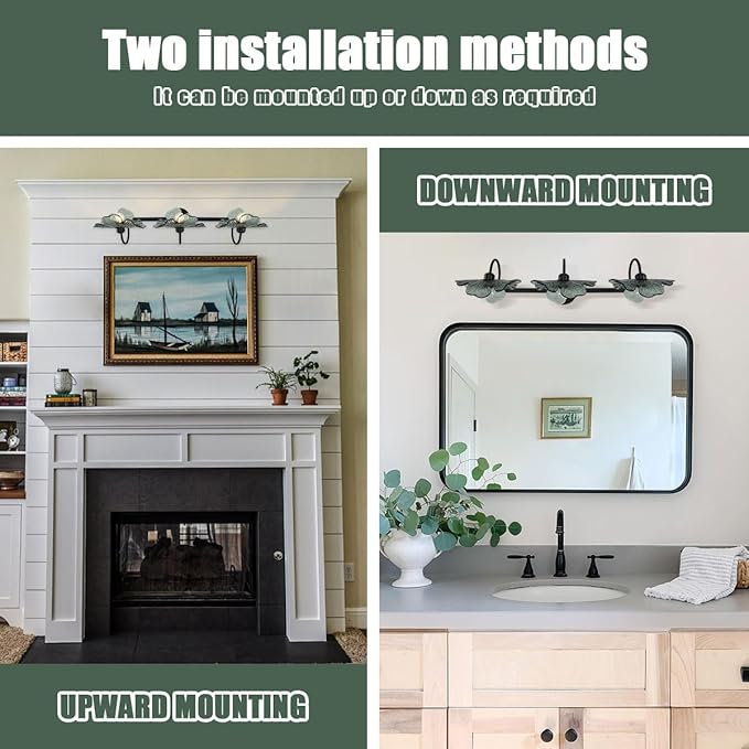Black Bathroom Vanity Light mid Century Wall Sconce 3-Light Bathroom Wall Light Wall lamp with Dark Green Glass Shade Mirror Black Vanity Light Over Mirror for Bedroom Hallway Living Room