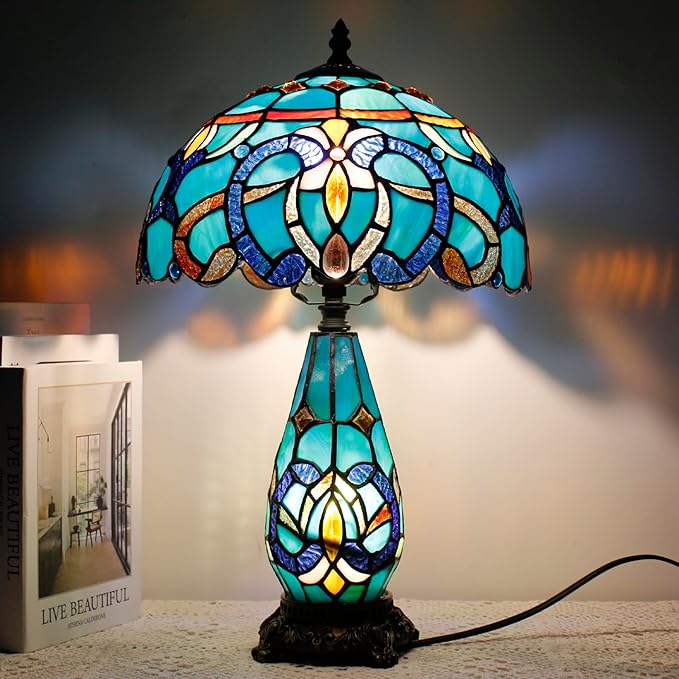Tiffany Lamp Stained Glass Table Lamp 12X19 Inches Mother Daughter Vase Desk Accent Night Light for Bedroom Bedside Reading Home Antique Style(Green Brown Jewelry)