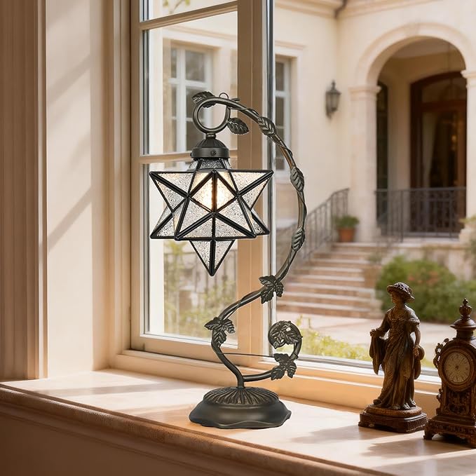 Star Glass Table Lamp, Vintage Style Table Lamp, 8x10x20 Inch – Bronze Metal Leaf Base Tiffany Lamp for Bedroom,Living Room,Study