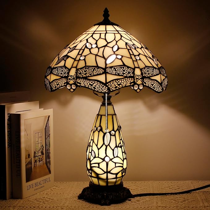 Tiffany Lamp Stained Glass Table Lamp 12X19 Inches Mother Daughter Vase Desk Accent Night Light for Bedroom Bedside Reading Home Antique Style (Ream Color)