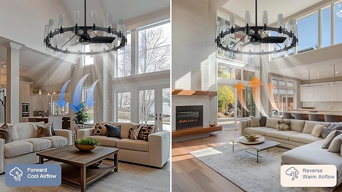 Black Ceiling Fans with 16 Lights Wagon Wheel Chandelier, 48 Inch Modern Farmhouse Fandelier, Quiet 6-Speed Reversible DC Motor, 1/2/4H Remote Timing for Living Room/Bedroom/Kitchen