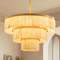 D34.3 Round Alabaster Chandelier, 3-Tier Brass Marble High Ceiling Chandeliers, Modern Dining Room Chandeliers Living Room Light for Entryways, Foyer, Stair, Kitchen Gold(Include Bulbs)