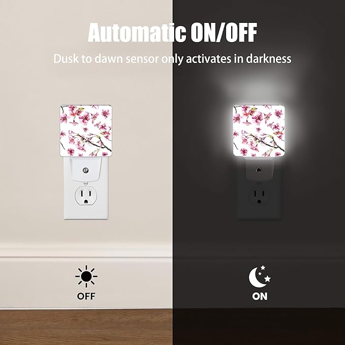 Cherry Blossom Night Light, Japanese Sakura Night Lights Plug into Wall Decor for Bedroom, Bathroom, Hallway, Kitchen, Dusk to Dawn Sensor Nightlights for Boys Girls Women Men Room Gifts