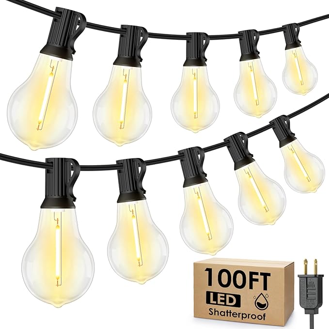 100FT LED Outdoor String Lights, Waterproof Patio Lights with 32 Shatterproof Dimmable 2700K A39 Bulbs Hanging Lighting for Outside Backyard