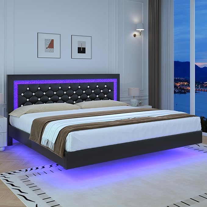 BarnFurin Floating Bed Frame King with LED Lights, Upholstered Platform Bed with Diamond Tufted Headboard, No Box Spring Needed, Noise Free, Easy Assembly, Black