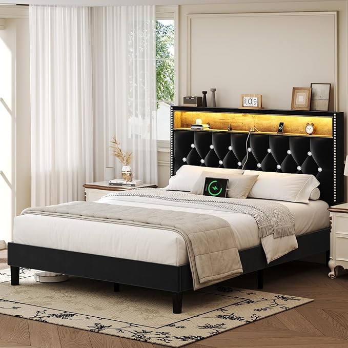 Queen Size Bed Frame with LED Lights and Headboard, Velvet Upholstered Bed Frames Queen with Charging Station and Storage, Modern Diamond and Rivet Design, No Box Spring Needed, Easy Assembly, Black