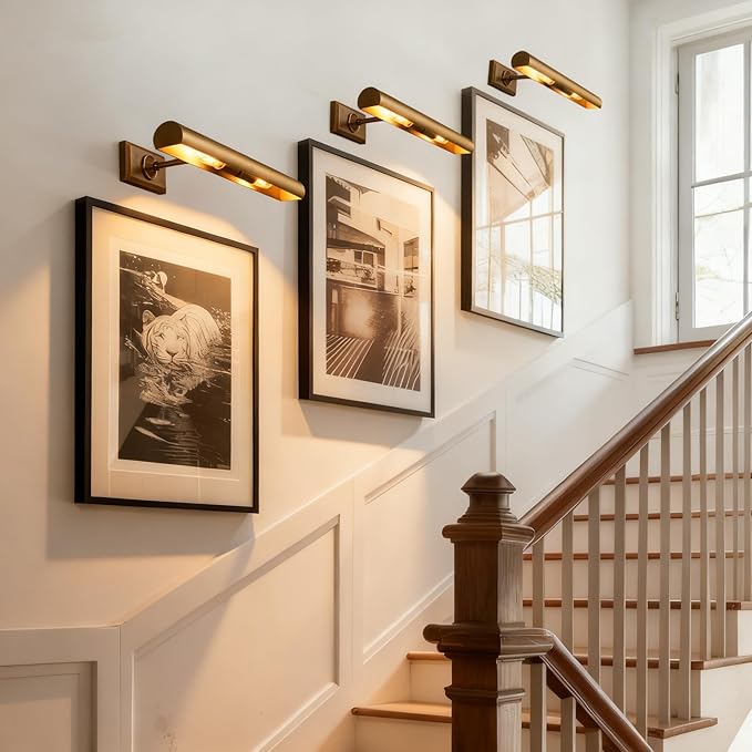 18" Picture Lights for Wall Brass Picture Lights Hardwired Gold Dimmable Gallery Art Light, Rotatable 270° Wall Light for Pictures Art Deco Linear Lights for Library, Museum, 2 Bulbs Included
