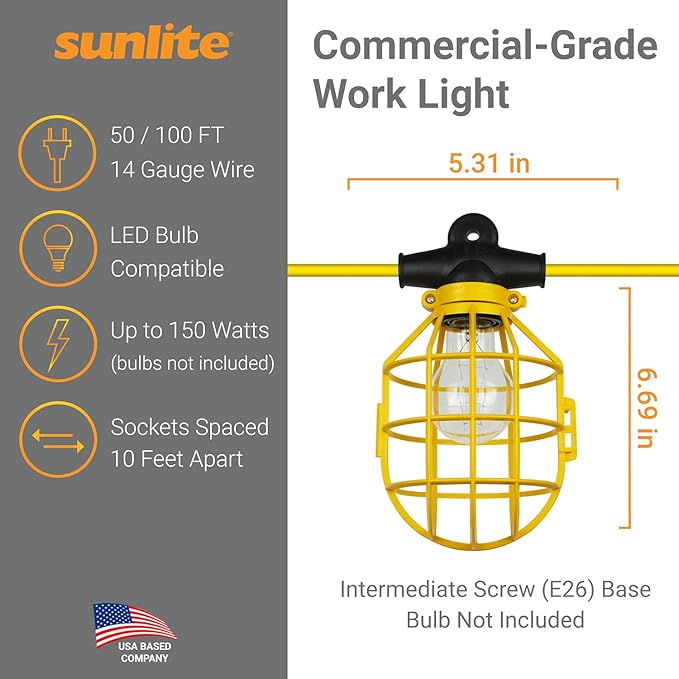 Sunlite Construction Cage String Lights, 50ft, 5 Medium Base Sockets (E26), 75W Max per Bulb (Bulbs Not Included), ETL Rated, Indoor/Outdoor Jobsite, Attic and Crawl Space Lights