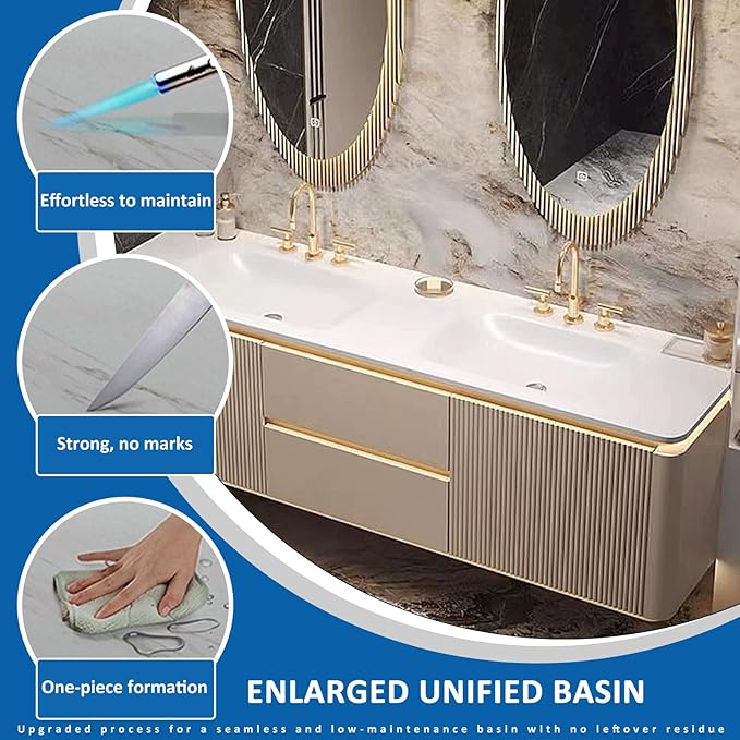 Double Sink Bathroom Vanity - 2 Smart LED Defog Mirror | Ambient Lighting & Striped Door Panel & Multilayer Wood Board, Floating Freestanding Bathroom Vanities (76'')
