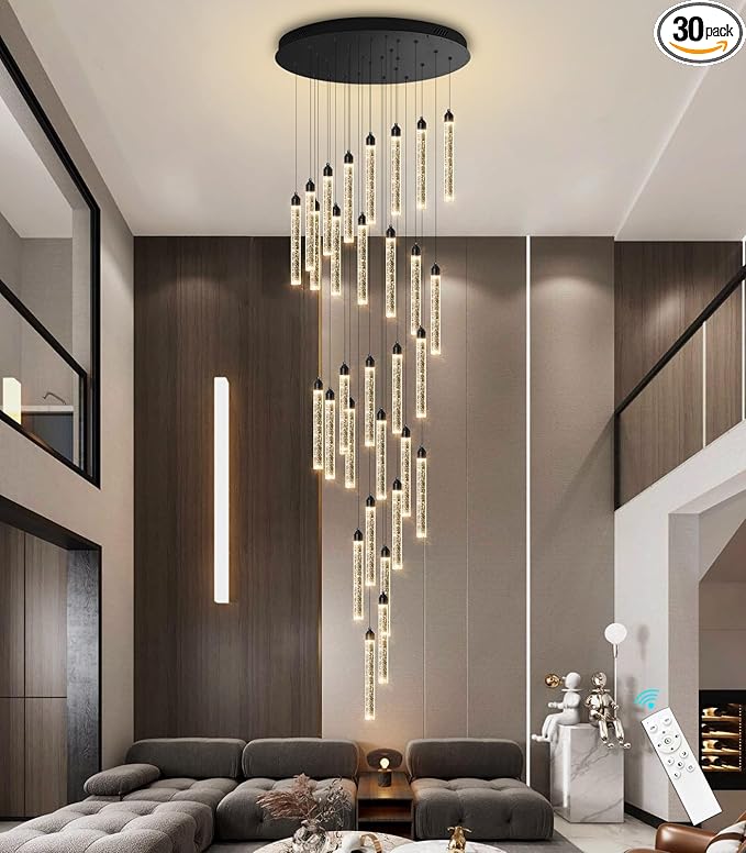 197" Long High Ceiling Chandelier 30-Lights Modern Bubble Crystal LED Light Fixture Dimmable Flush Mount Living Room Ceiling Pendant Light Staircase Foyer Entryway Dining Room Pendant Lighting