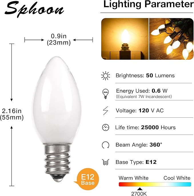 C7 Candelabra Led Light Bulbs, Small Night Light Bulb, 0.6 Watt Equivalent 7W Incandescent, E12 120V Lamp, Warm White 2700K Nightlight Replacement Bulb for Window Candle & Chandeliers, 5 Pack