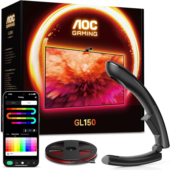 AOC TV LED Backlight, TV Lights That Change with TVs for 55-65 inch Screen, RGB Strip Lighting with Sensor, Syncs Behind The Monitor, Smart App Control, Movie Game Music & DIY Mode, 14.8FT