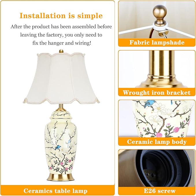 Flower Bird Ceramic Table Lamp, Rustic Vintage White 26.7" Tall Coastal Bedside lamp, Ceramic Lamp Body with Fabric Tapered Drum Shade for Living Room Bedroom House Bedside Nightstand Home