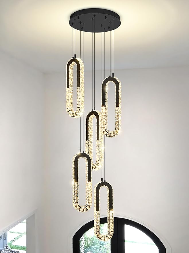 5-Lights Modern Crystal Chandelier for High Ceiling LED Dimmable Ring Pendant Chandeliers Stairwell Chandelier Lighting Black