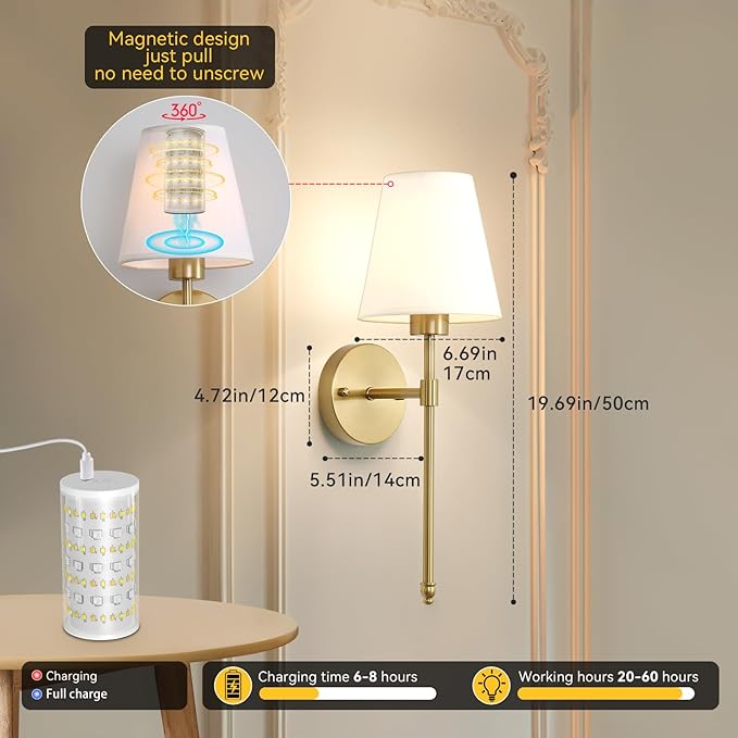 Wireless Wall Sconces Set of Two Battery Operated, Rechargeable Wall Lamp with 10000 mAh Dimmable Bulb & Remote, 10 Colors Wall Lights for Bedroom Living Room Hallway Wall Decor
