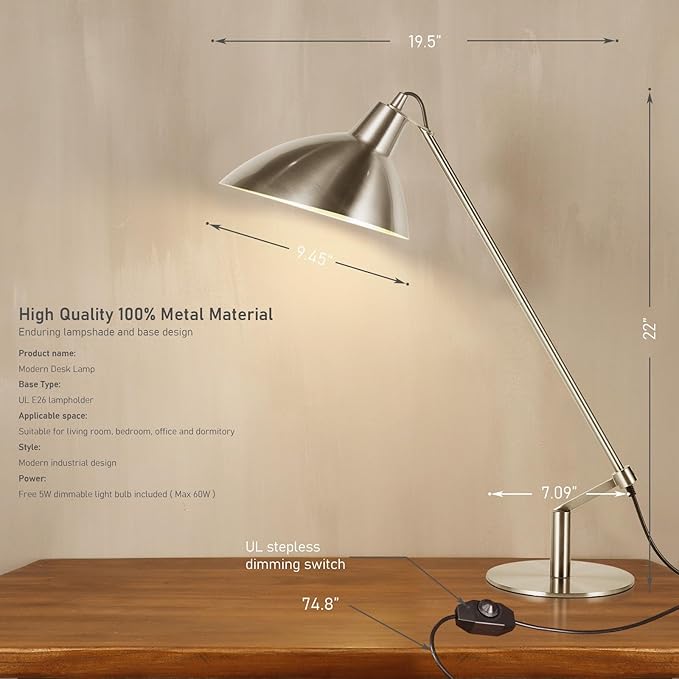 Desk Lamp Modern Industrial 100% Metal Table Lamp 22", Soft White Light (3000K) with Adjustable Switch, Ideal for Office Bedroom Study Room Living Room Nightstand Bedside Lamps Nickel
