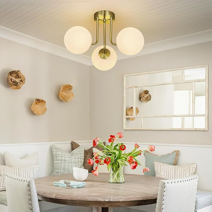 3-Light Modern Gold Ceiling Light with Globe White Glass Shade Mid Century Semi Flush Mount Ceiling Light Sputnik Chandeliers for Bedroom Living Room Dinning Room Foyer Hallway