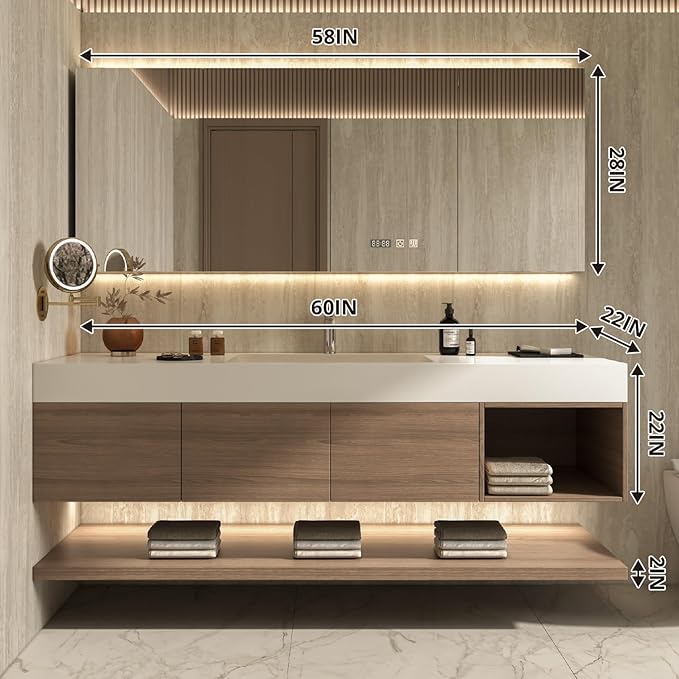 60" Modern Floating Bathroom Vanity Set with Sink, LED Smart Mirror Cabinet, 3 Soft-Close Drawers and Open Storage Shelves, Light Walnut