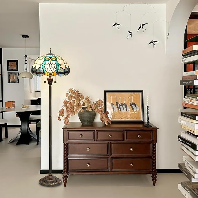 Tiffany Floor Lamp Owl Animal Stained Glass lamp for Living Room Bedroom Office Bright Lighting Rustic Corner Decor Standing Tall Unique Vintage Reading Aesthetic Light