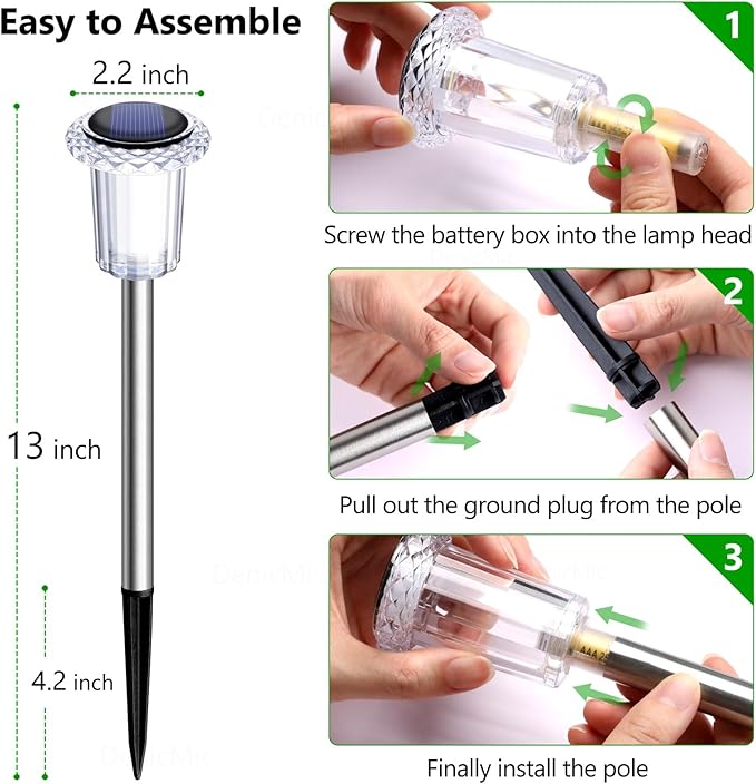 DenicMic Solar Lights Outdoor 10 Pack Waterproof Christmas Lights Outdoor 3000K Warm White LED Stainless Steel Stake for Landscape Lighting Path Walkway Sidewalk Backyard Patio Decor