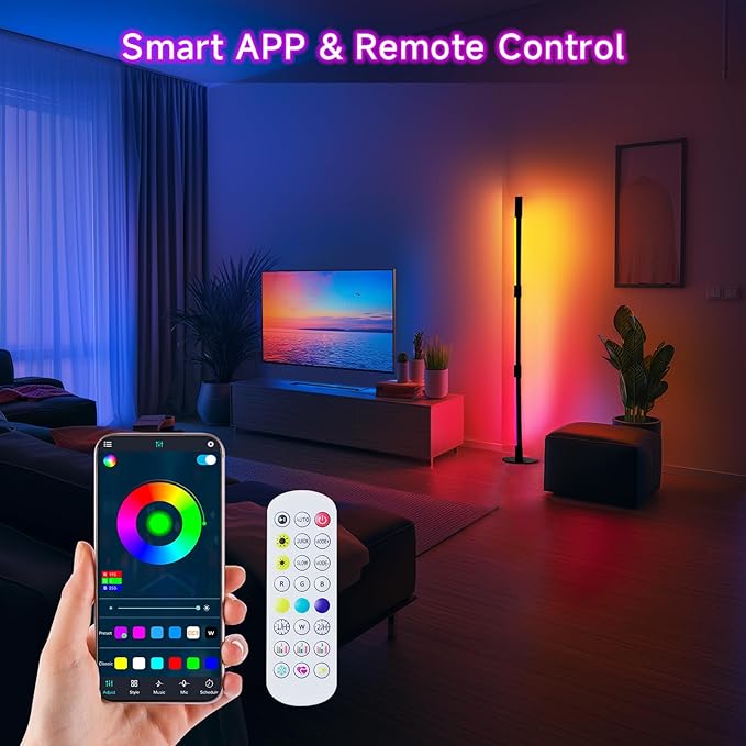 Corner Floor Lamp - 2 Pack Black RGB LED Floor Lamp with Music Sync and 16 Million DIY Colors, App & Remote Control, Color Changing Modern Smart Corner Lamp for Bedroom Living Room