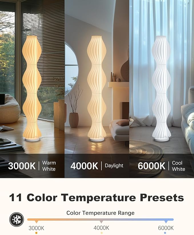 TACAHE Pleated Lampshade Floor Lamp - 3 Color Temp & Dimmable - Column Standing Floor Lamp with Foot Switch & Remote - Nordic Style Ambient Light for Living Room, Bedroom - 30W - 66"