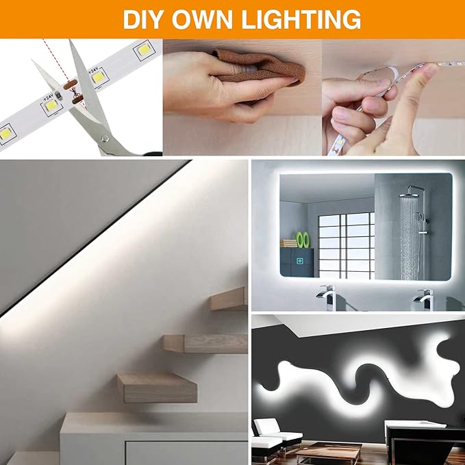 CT CAPETRONIX White LED Strip Light, 32.8 Feet 24 Volt LED Light Strip White, 6000K-6500K Daylight Super Bright LED Tape Light for Bedroom, Kitchen, Closet, Cabinet, Mirror, Indoor（Dimmer Included）