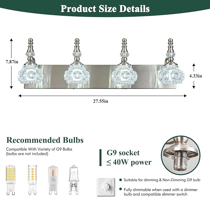 Modern Glass Crystal Vanity Light - Vintage Bathroom Lighting Fixtures Over Mirror, 4 Light Vanity Lights G9 Bulb (27.55 Inch, Nickel)