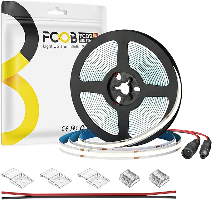 16.4FT DC12V COB LED Strip 6000K Cool White 480LEDs Flexible High Density Uniform Bright Light Strip 9W/m, CRI90+ Dimmable LED Light for DIY Kitchen Bedroom Home Decor, No Power and Controller