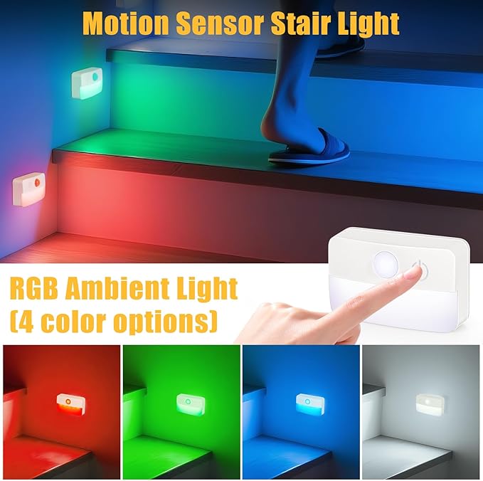 3 Pack Motion Sensor Stair Lights for Indoor, Wireless RGB Battery Operated Night Light, Led Stick On Hallway Closet Under Cabinet Step Portable Lamp for Bedroom Kitchen Bathroom