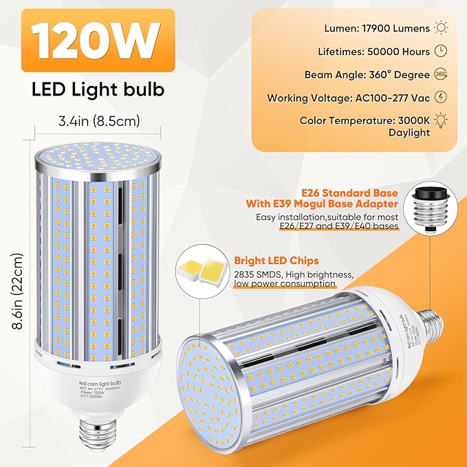4 Pack 120W Corn LED Light Bulb 3000K,/Warm White(1200 Watt Equivalent) E26/E39 Large Mogul Base LED Cob Lamp 15,800LM for Outdoor Indoor Garage Warehouse Factory Workshop Street Backyard