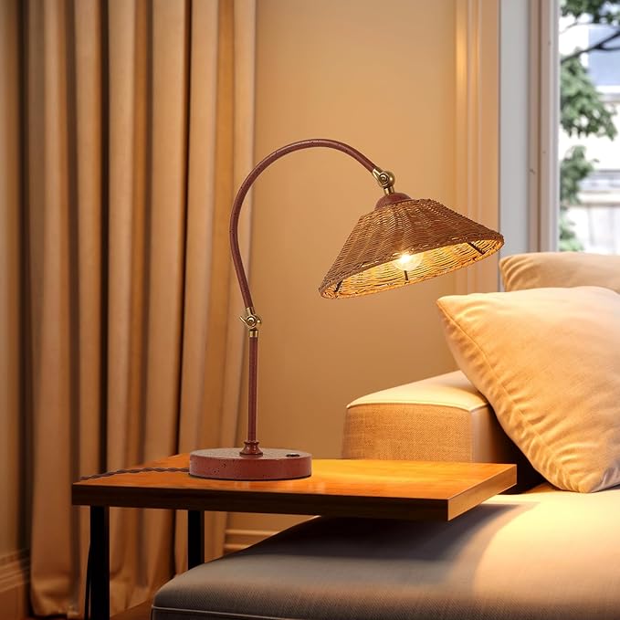 Woven Rattan Bedside Table Lamp for Bedroom, Boho Plug in Handmade Rattan Shade & Anti-Rust Iron Base Desk Lamp, Plug & Play Vintage Red Brown Nightstand Lamp for Living Room,Office【Bulb Included】