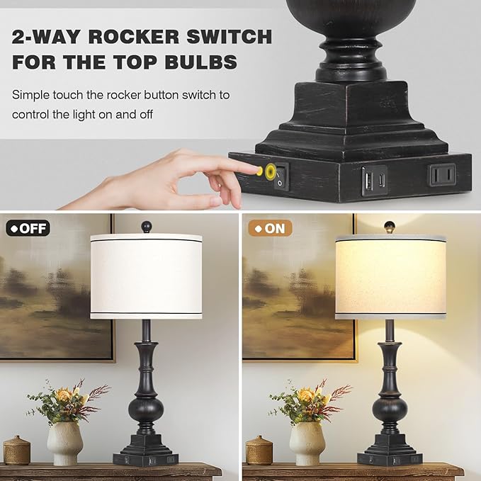 Farmhouse Lamps Set of 2, Antique Vintage Rustic Touch Control Table Lamps with USB A+C Ports & AC Outlet, Retro Classic Bedside Nightstand Lamp for Living Room Bedroom Office Black