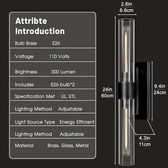 Bathroom Black Vanity Wall Sconces, 2-Light Glass Tube Wall Sconces, 24" Sconces Wall Lighting, Horizontal or Vertical Linear Vanity Light,Bathroom Vanity Light,E26 Bulb Included