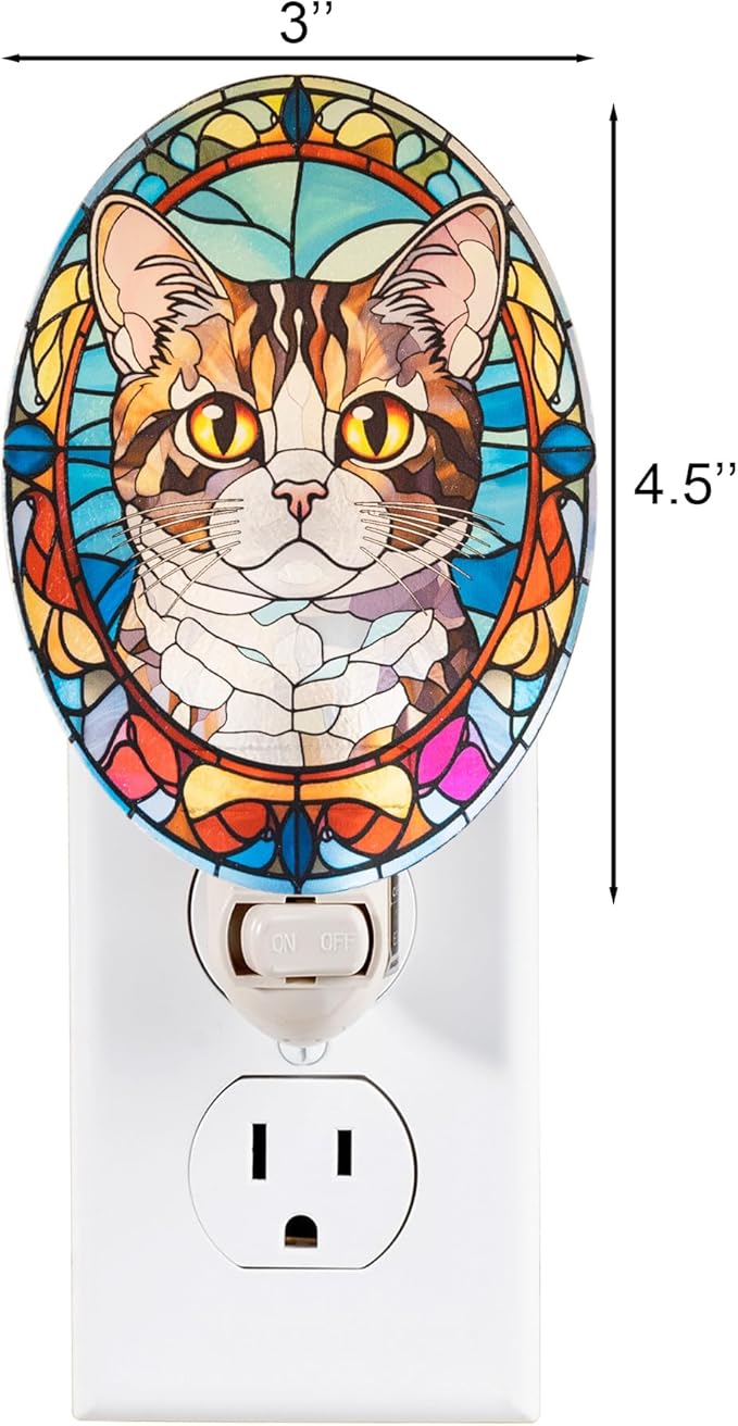Cat Night Light Tabby Made with Real Glass Plug-in Vertical Outlet Bulb Included On/Off Switch Gift for Cat Lovers Pet Memorial