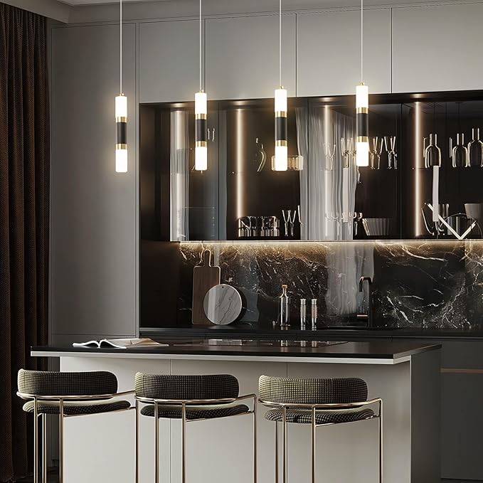 Modern Kitchen Island Light Fixture Dimmable LED Black Mini Pendant Light Bedroom Bedside Table Black Gold Small Pendant Lighting (2-Pack)