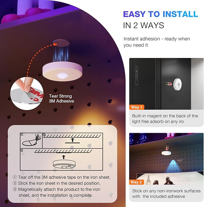 RGB Puck Lights with Remote Control, 2000mAh Battery Operated Tap Lights Rechargeable, 9 Colors & 2 Dynamic Changing Under Cabinet Lighting, Magnetic Stick on Light for Closet(White, 5 Pack)