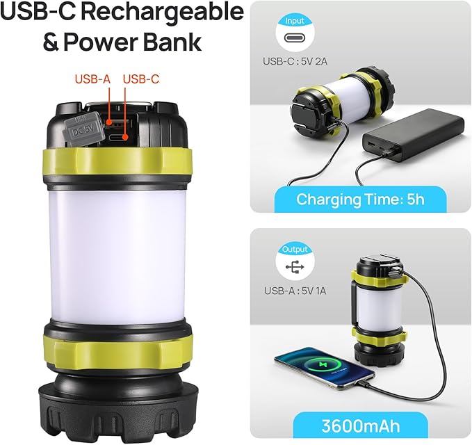 2 Pack LED Camping Lantern Flashlight Rechargeable, Consciot Portable Torch with 6 Light Modes, 3600mAh Power Bank, IPX4 Waterproof, USB C, Camping Lights for Hurricane, Emergency, Survival Kits