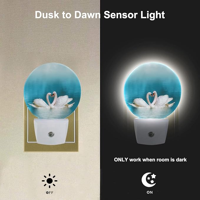 EKOBLA Swan Night Lights Plug into Wall Two Swans Over Lake LED Dusk to Dawn Plug-in Nightlights Auto Sensor for Home Indoor Bathroom Hallway Kitchen