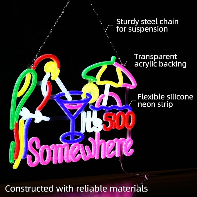 Its 5 00 O'clock Some Where Neon Sign, USB Powered, 11.4"×11" Dimmable Metal LED Neon Lights, Wall Decor for Bedroom, Party Pub, Kids' Room, Home Decoration, Man Cave, Gaming Room
