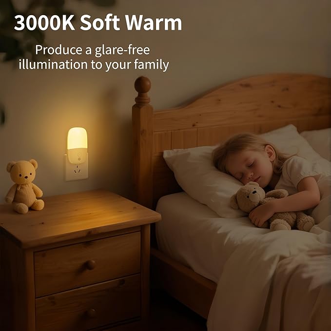 Night Lights Plug into Wall, Dimmable, with On Off Switch Led Night Light Plug in, Automatic Dusk to Dawn, 0.5W, 3000K Soft Warm, for Adults Kids Room Bedroom Bathroom Hallway Kitchen