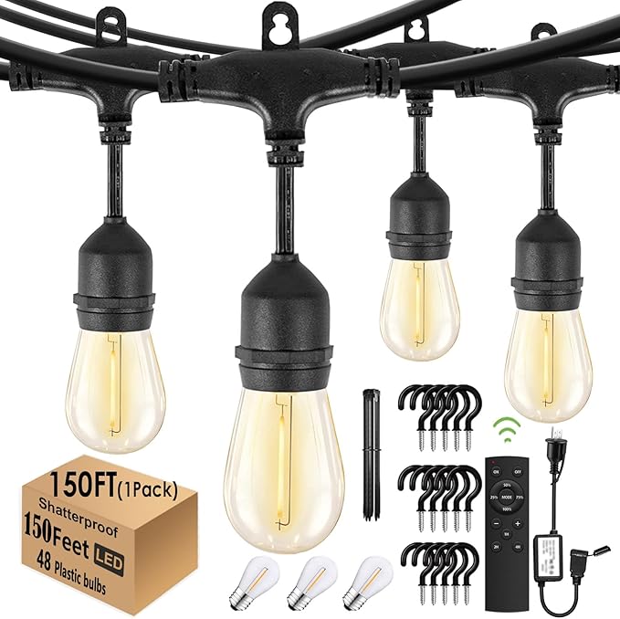1-Pack 150 ft Outdoor String Lights with Remote Patio Lights Weatherproof, 45+3 Spare S14 Shatterproof Warm 2200K Bulbs, 3 Lighting Modes&Dimmable&Timer
